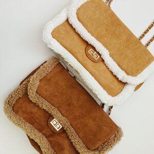 NWT - Luxe Sherpa Faux Fur Trim Chain Shoulder Bag - Brown/Tan
